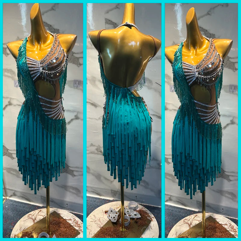 Women's Teal Fringe Latin Dance Dress with Rhinestones and Backless Design