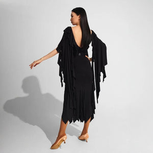 Women's Black Ruffled V-Neck Long Sleeve Mermaid Ballroom Latin Dance Dress