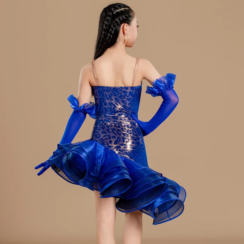 Latin Dance Dress Girls Red Leopard Print Ruffled Sleeveless Spandex Ballroom Costume, Latin Dance Dress Girls Blue Leopard Print Ruffled Sleeveless Spandex Ballroom Costume
