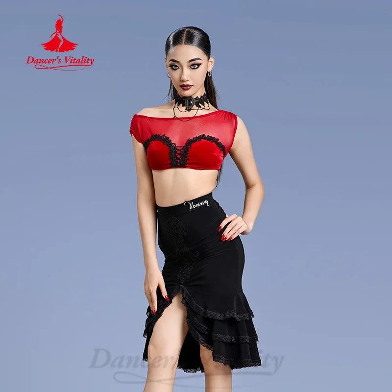 Women's Red and Black Lace Mesh Off-Shoulder Crop Top and Ruffled Slit Skirt Latin Dancewear