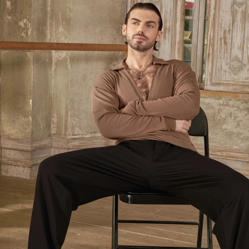 Men's Long Sleeve Deep V-Neck Dance Shirt, Black/Pink/Cream/Brown, Polyester/Spandex Blend, Latin/Ballroom Dance