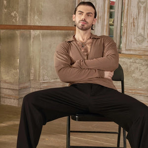 Men's Long Sleeve Deep V-Neck Dance Shirt, Black/Pink/Cream/Brown, Polyester/Spandex Blend, Latin/Ballroom Dance