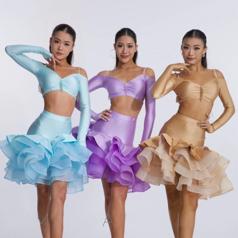 Women's Light Blue, Lavender, and Gold Off-Shoulder Long Sleeve Crop Top and Ruffled Skirt Latin Dance Dress