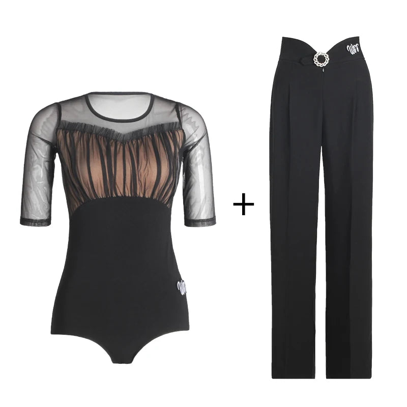 Women's Black & Green High Waist Pleated Wide Leg Ballroom Dance Pants