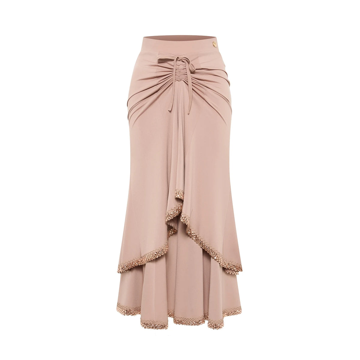 Women's Nude Pink Ruched Draped Tiered Skirt Latin Dance Dress