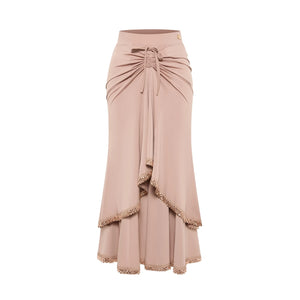 Women's Nude Pink Ruched Draped Tiered Skirt Latin Dance Dress
