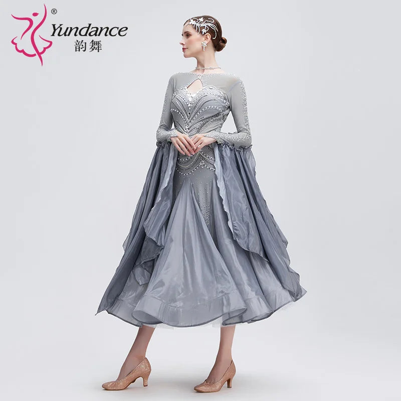 Women's Standard Ballroom Dance Dress In Gray Chiffon For Competition