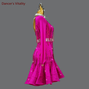 Women's Fuchsia One-Shoulder Rhinestone Fringe Latin Dance Dress