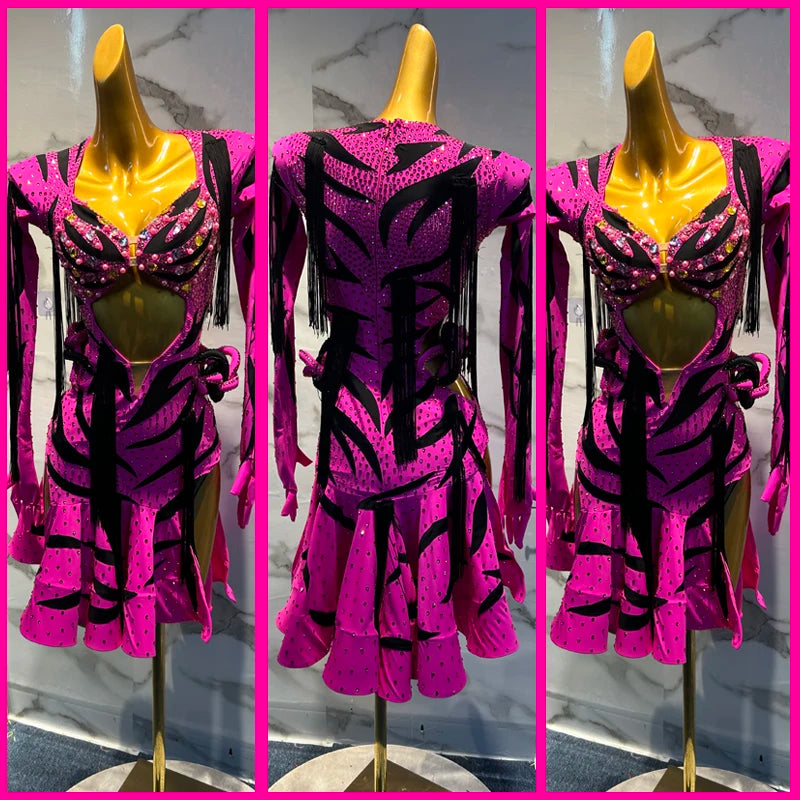 Latin Dance Dress Women's Fuchsia Black Animal Print Rhinestone Fringe Cutout Long Sleeve Performance Costume
