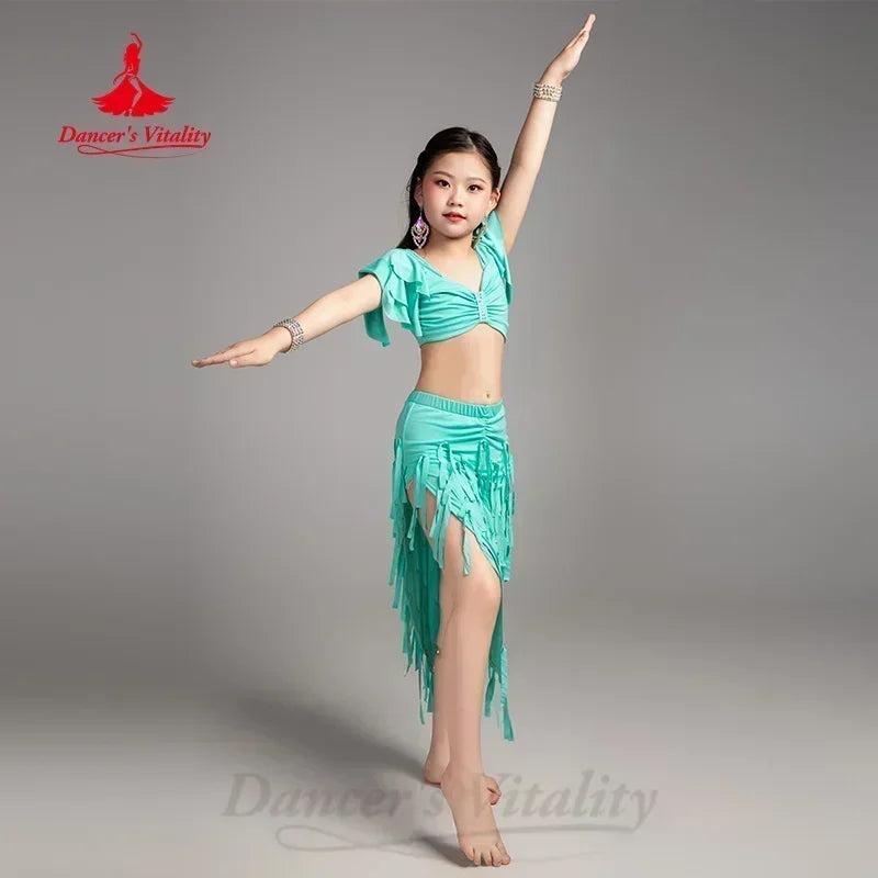 Girls Aqua Belly Dance Costume, Ruffled Crop Top, Fringe Skirt with Slit, Performance Wear