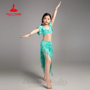 Girls Aqua Belly Dance Costume, Ruffled Crop Top, Fringe Skirt with Slit, Performance Wear