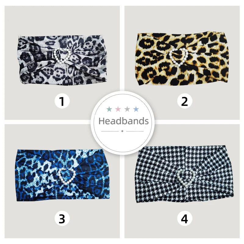 Girls' Embellished Headband for Dance, Various Colors & Animal Prints, Stretch Fabric, Heart Pearl Accent