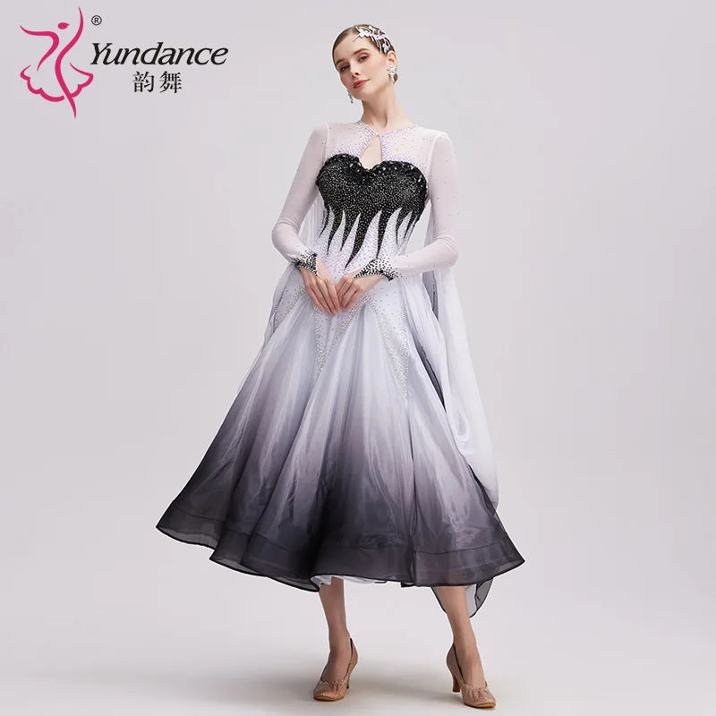Ballroom Dance Dress International Standard Silk Black White Ombre Pearl-Embellished For Women's Competition
