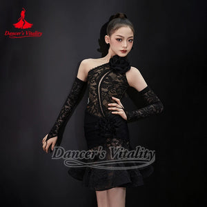 Women's Black & White Lace One-Shoulder Ruffle Latin Dance Dress