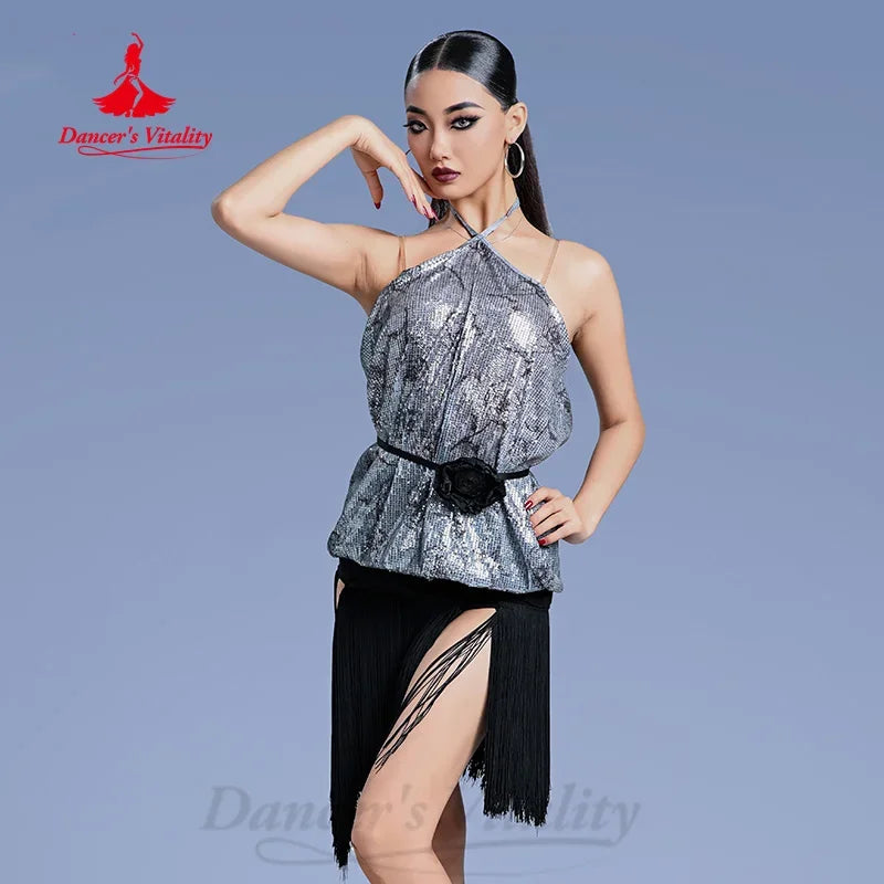 Women's Silver Sequin Halter Top & Black Fringe Latin Dance Skirt Set