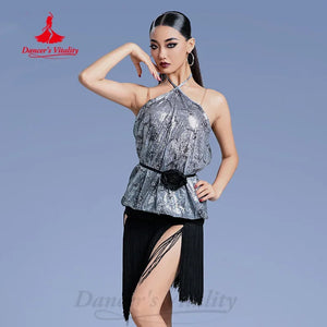 Women's Silver Sequin Halter Top & Black Fringe Latin Dance Skirt Set