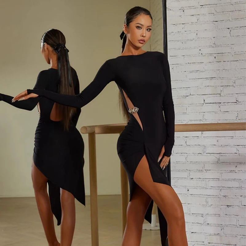 Dance Dress Women's Black Long Sleeve Side Cut-Out Asymmetrical Hem Ballroom Latin Dance Dress