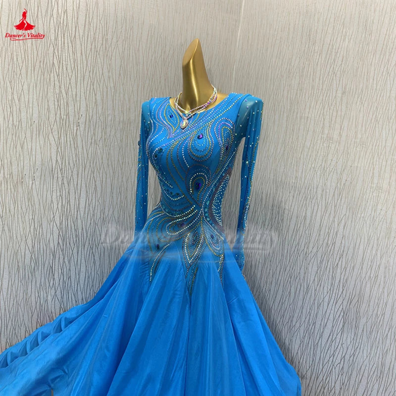 Blue Long Sleeve Waltz Professional Big Swing Dresses Customized Adult Ballroom Dance Foxtrot Tango Contest Attire