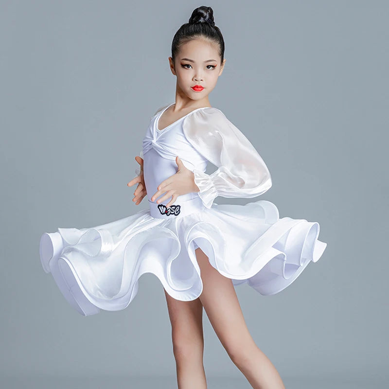 Kids Girls White Mesh Long Sleeve Ruffled Latin Ballroom Dance Dress with Layered Skirt