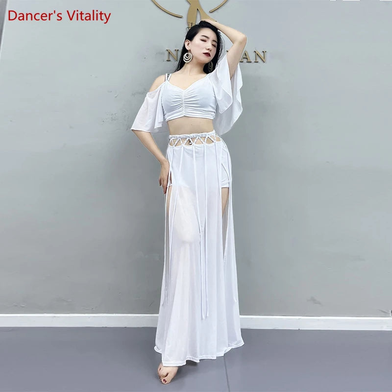 Belly Dance Costume Women Purple V-Neck Off-Shoulder Crop Top and Slit Skirt Set with Rhinestone Detail