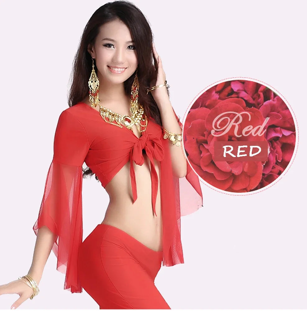 Belly Dance Costume Women's Purple Chiffon Long Sleeve Crop Top and Flare Pants Set