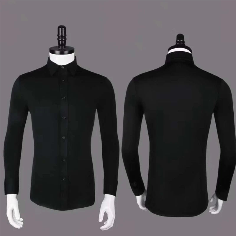 Men's Black Stretch Long Sleeve Dance Shirt with Tie, Ballroom Latin Tango