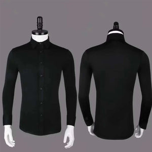 Men's Black Stretch Long Sleeve Dance Shirt with Tie, Ballroom Latin Tango