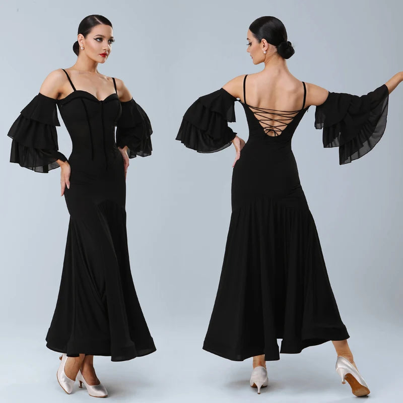 Women's Black Chiffon Off-Shoulder Ruffle Sleeve Sweetheart Neckline Latin Ballroom Dance Dress