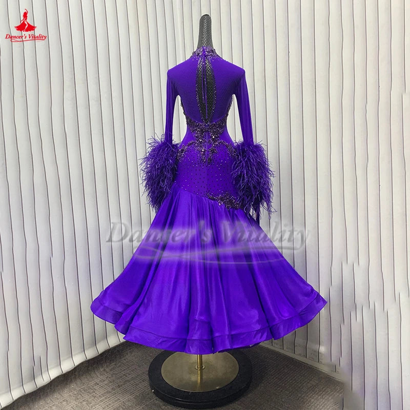 Adult Women's Ballroom Dance Dress With Turtleneck Full Skirt Purple For Waltz Foxtrot Tango Quickstep
