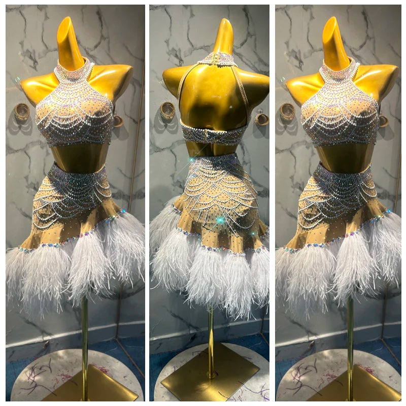 Women's Nude & White Rhinestone Fringe Feather Latin Dance Dress