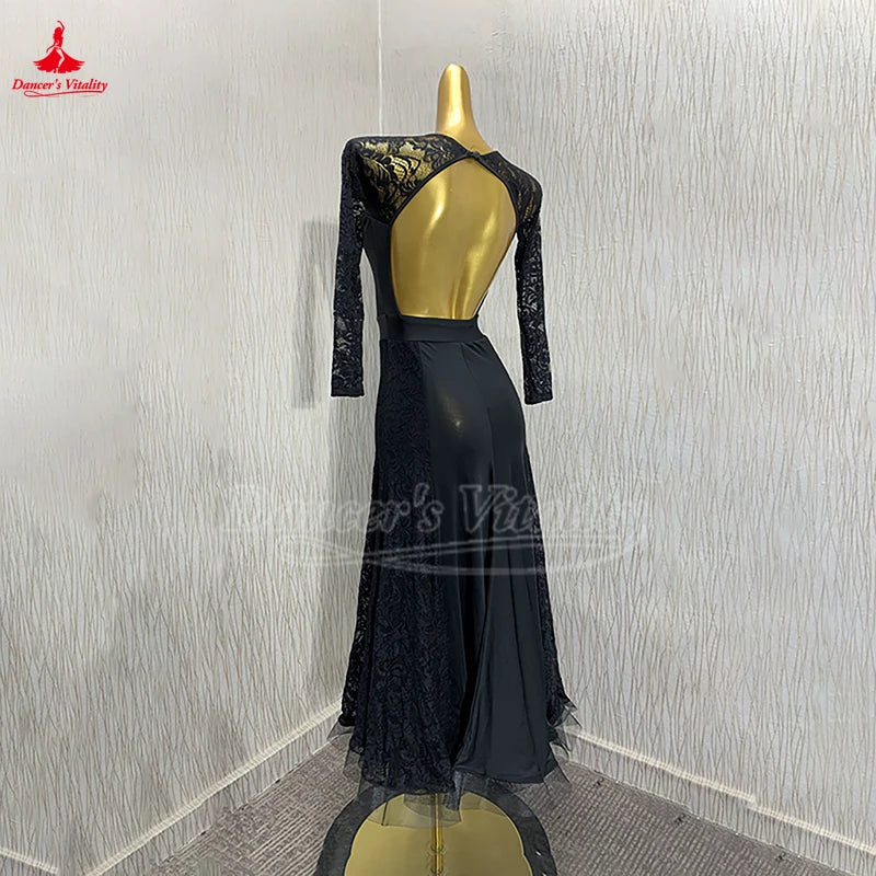 Women's Ballroom Practice Dress Long Sleeve Full Skirt With Built-In Bra Pads For Waltz, Foxtrot, Tango