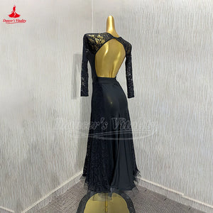 Women's Ballroom Practice Dress Long Sleeve Full Skirt With Built-In Bra Pads For Waltz, Foxtrot, Tango