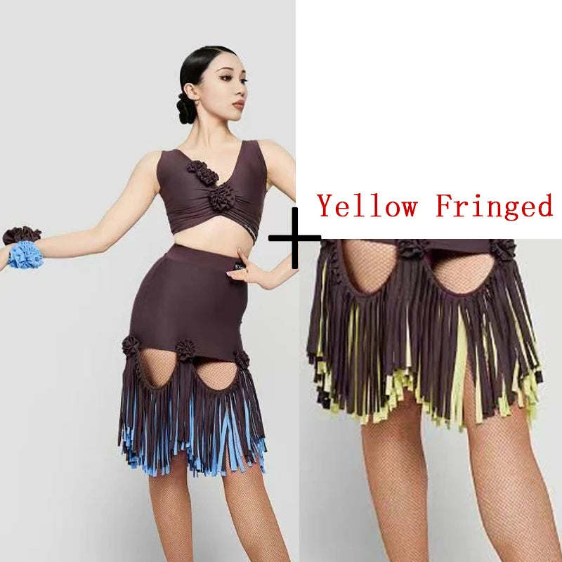 Women's Leopard Print Pink Fringe Latin Dance Dress, Mesh Sleeves