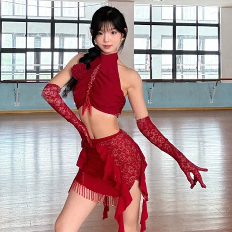 Latin Dance Dress Women's Red Halter Crop Top and Asymmetrical Fringe Skirt Set with Lace Gloves