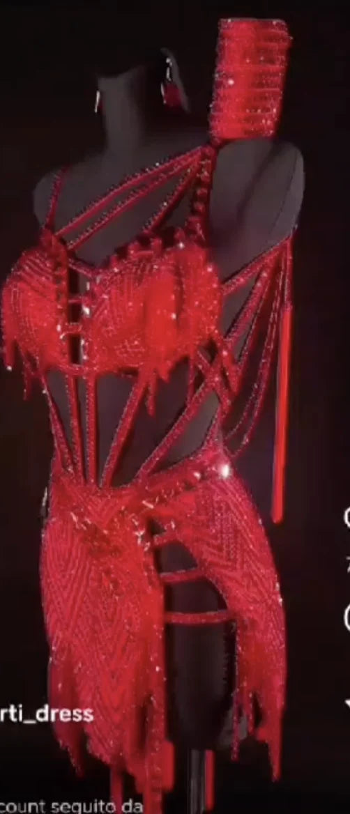 Women's Red Sequin Beaded Fringe Latin Dance Dress