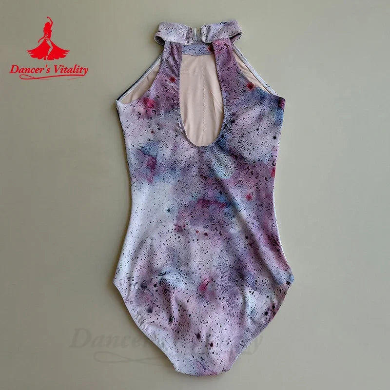 Dance Leotard and Skirt Set, Women's, White/Multi-color, Halter Neck Watercolor Print Leotard, Pleated Chiffon Skirt, Ballet/Lyrical Dance