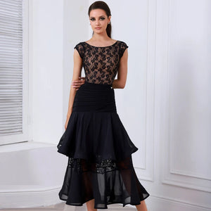 Women's Black Lace Cap Sleeve Bodysuit and Ruffled Chiffon Skirt Latin Ballroom Dance Dress