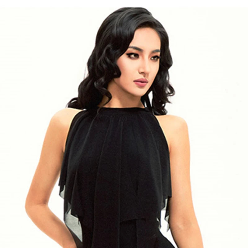 Women's Black Chiffon Halter Asymmetrical Layered Ballroom Dance Dress