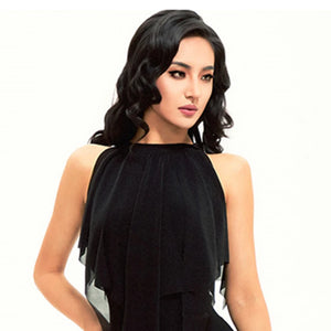 Women's Black Chiffon Halter Asymmetrical Layered Ballroom Dance Dress