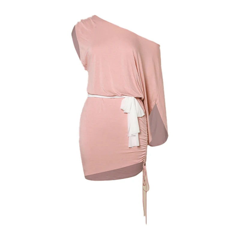 Women's Pink Off-Shoulder Dolman Sleeve Ruched Mini Dress with White Tie, Ballet Dance