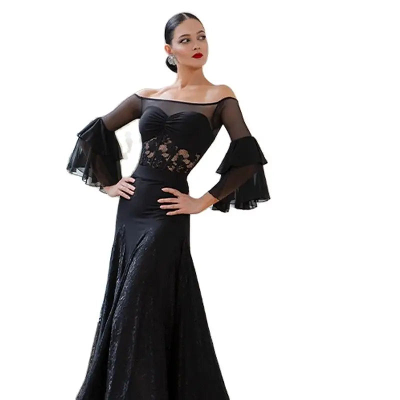 Women's Black Off-Shoulder Lace & Chiffon Ruffled Sleeve Ballroom Dance Dress