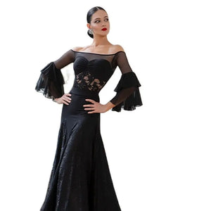 Women's Black Off-Shoulder Lace & Chiffon Ruffled Sleeve Ballroom Dance Dress