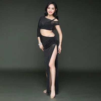 Women's Belly Dance Long Dress Costume With Short Sleeves For Performance