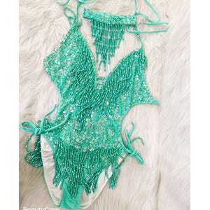 Women's Olive Green Beaded Sequin Halter Neck Fringe Latin Dance Leotard