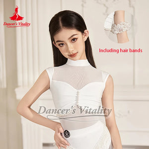 Girls' White & Black Mock Neck Mesh Pearl Latin Dance Dress with Ruffled Skirt