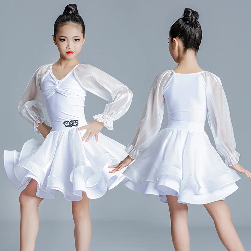 Kids Girls White Mesh Long Sleeve Ruffled Latin Ballroom Dance Dress with Layered Skirt
