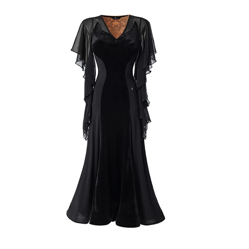 Women's Black Velvet and Chiffon V-Neck Ballroom Dance Dress with Flutter Sleeves