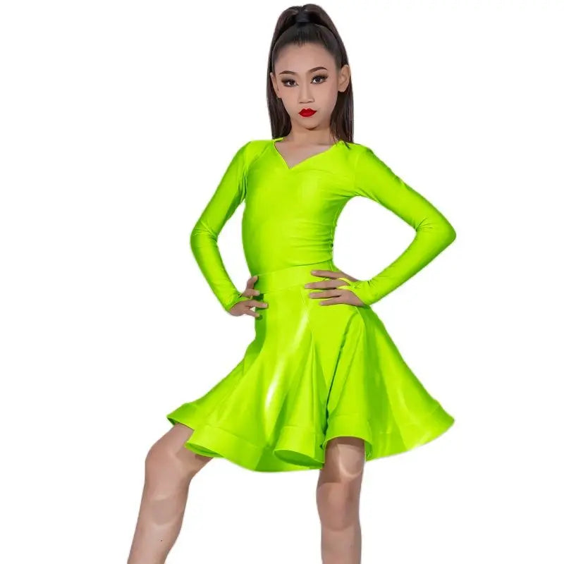 Girls Ballroom Dance Dress, Long Sleeve V-Neck Ruffle Skirt Latin Dance Costume