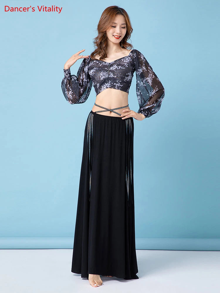 Women's Black Sparkle Long Sleeve Crop Top & High Slit Skirt Belly Dance Costume