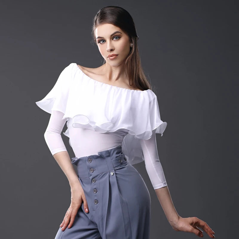 Women's White Ruffled Off-Shoulder Bodysuit with Long Sleeves, Blue High-Waisted Button-Front Pants for Latin Dance